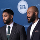 Arinze Kene (right) and a guest attend the British Independent Film Awards held at Old Billingsgate in London on Dec. 10, 2017. (John Phillips/Getty Images)